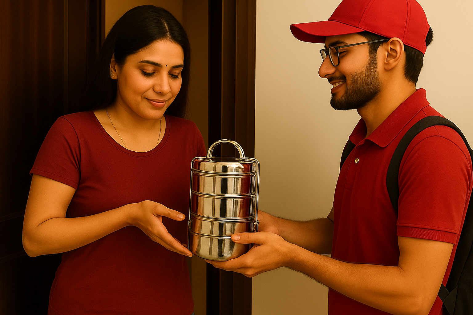 Delivery Woman Receiving Tiffin